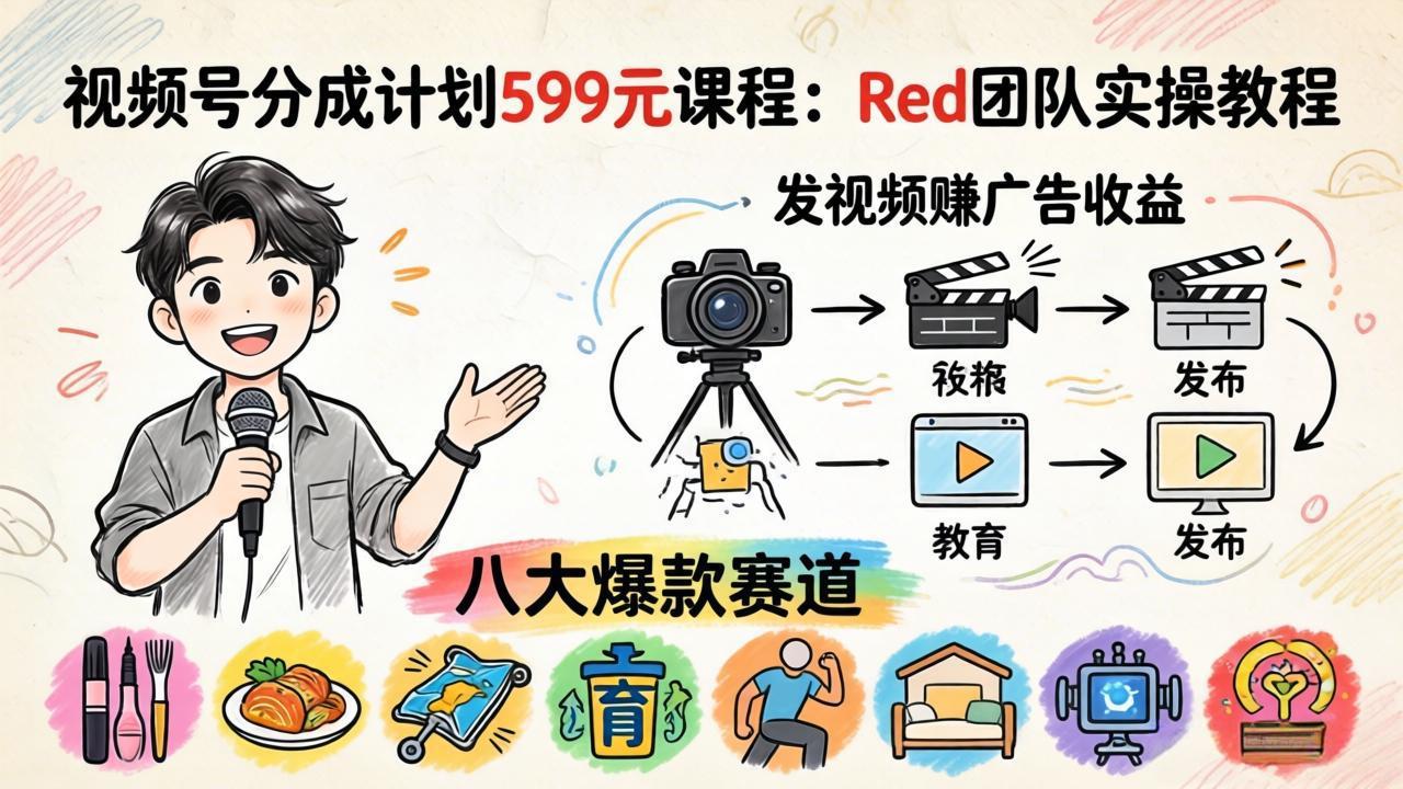 视频号分成计划599元课程：Red团队实操教程，发视频赚广告收益，八大爆款赛道全掌握-才疏云网创