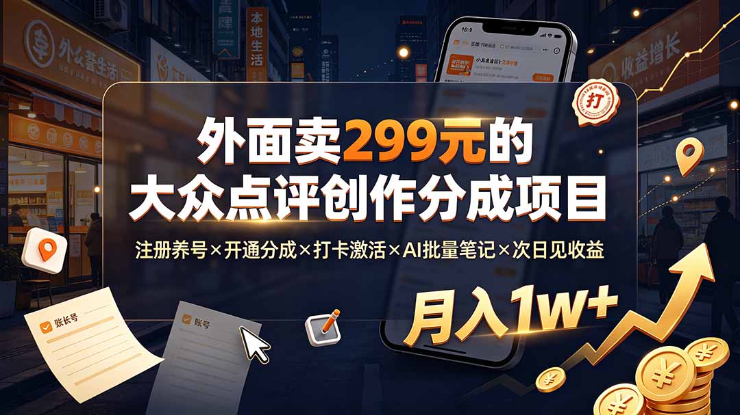 外面卖299元的大众点评创作分成项目：注册养号×开通分成×打卡激活×AI批量笔记×次日见收益，月入1w+-才疏云网创