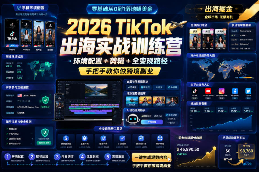 2026 TikTok出海实战训练营,环境配置 + 剪辑 + 全变现路径,手把手教你做跨境副业-才疏云网创