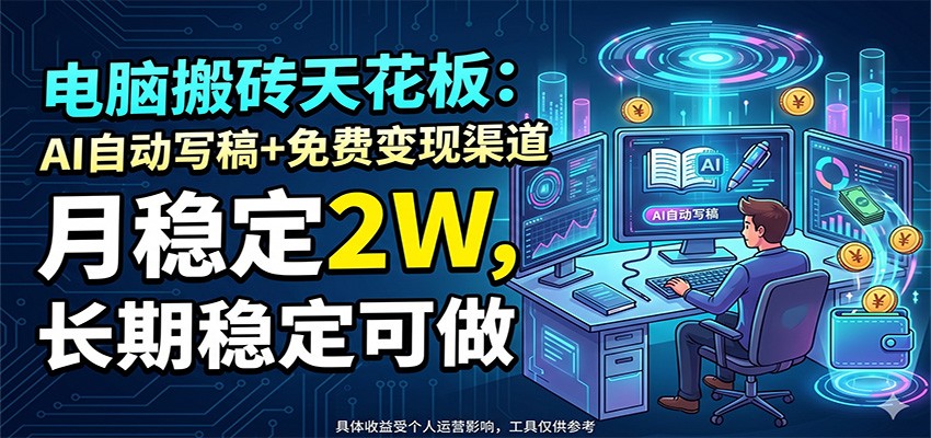电脑搬砖天花板:AI自动写稿+免费变现渠道,月稳定2W,长期稳定可做-才疏云网创