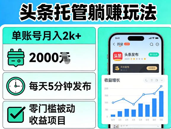 头条托管躺賺玩法，单账号月入2k+，每天5分钟发布即可，零门槛被动收益项目【揭秘】-才疏云网创