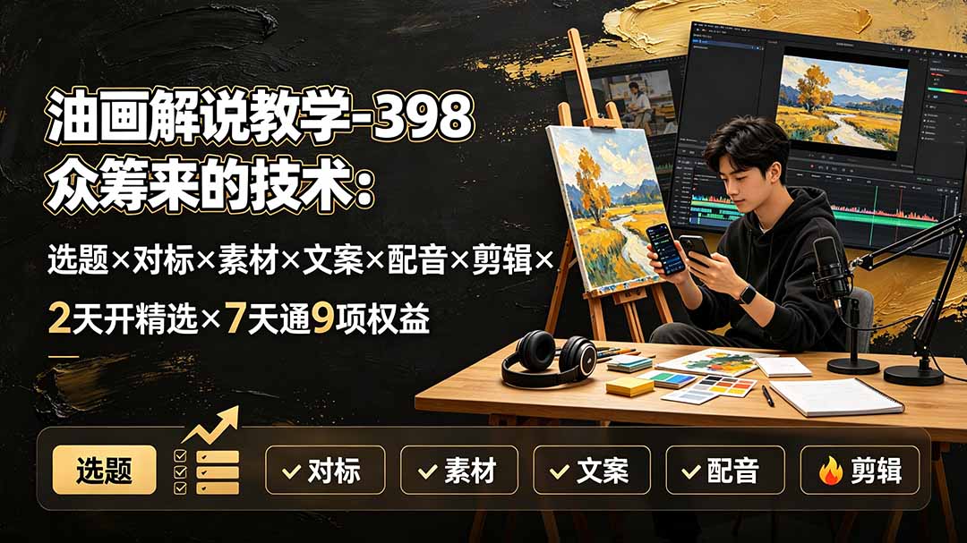 油画解说教学-398众筹来的技术：选题×对标×素材×文案×配音×剪辑×2天开精选×7天通9项权益-才疏云网创