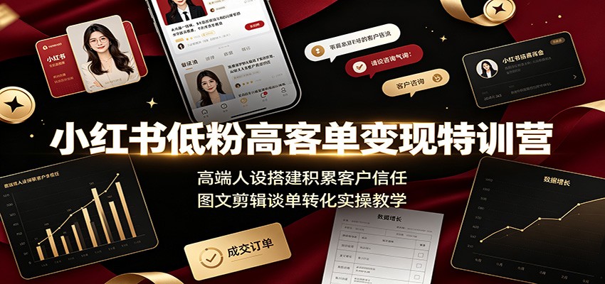 小红书低粉高客单变现特训营:高端人设搭建积累客户信任,图文剪辑谈单转化实操教学-才疏云网创