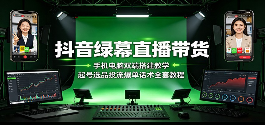 抖音绿幕直播带货：手机电脑双端搭建教学，起号选品投流爆单话术全套教程-才疏云网创