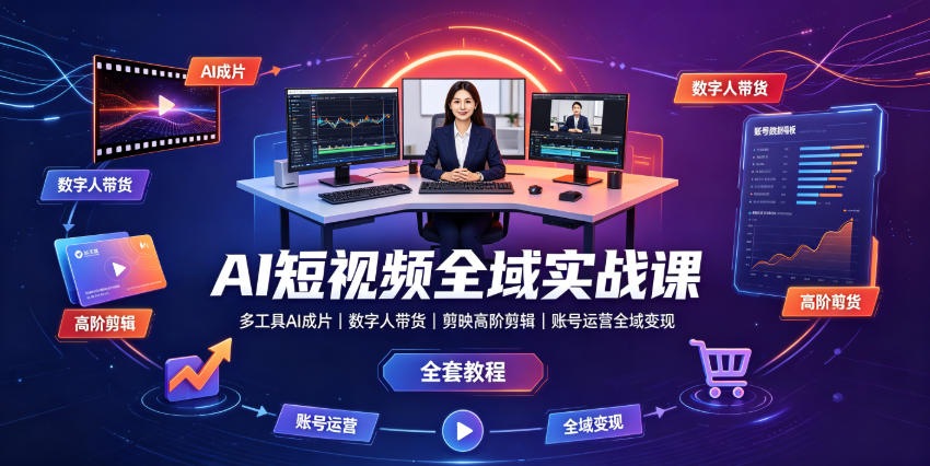 AI短视频全域实战课｜多工具AI成片、数字人带货、剪映高阶剪辑、账号运营全域变现全套教程-才疏云网创