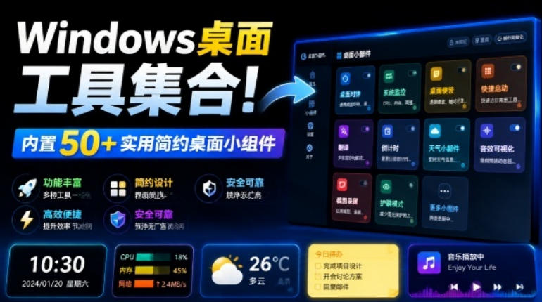 Windows桌面工具集合！内置50+实用简约桌面小组件，含截图、录屏、翻译、天气等，多秘工具箱-才疏云网创