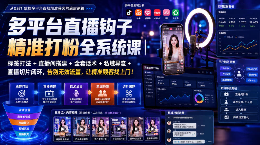多平台直播钩子精准打粉全系统课|标签打法+直播间搭建+全套话术+私域导流+直播切片闭环,告别无效流量,让精准顾客找上门!-才疏云网创