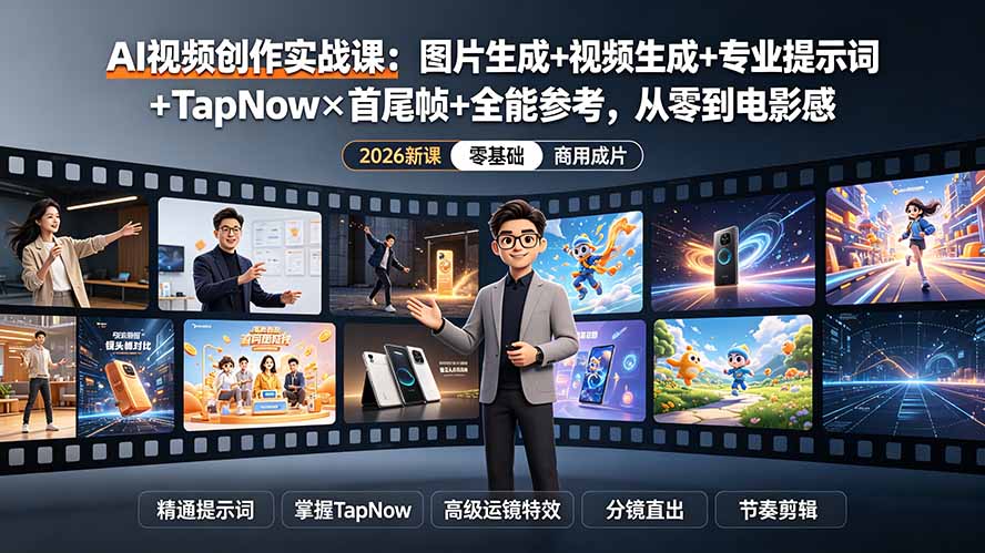 AI视频创作实战课：图片生成+视频生成+专业提示词+TapNow×首尾帧+全能参考，从零到电影感成片-才疏云网创