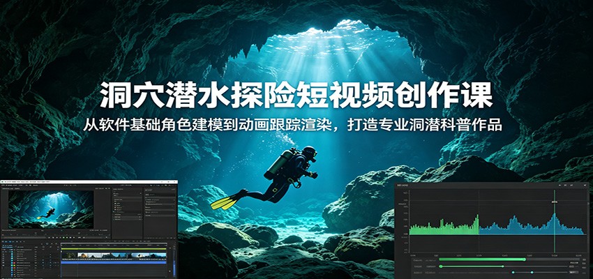 洞穴潜水探险短视频创作课：从软件基础角色建模到动画跟踪渲染，打造专业洞潜科普作品-才疏云网创