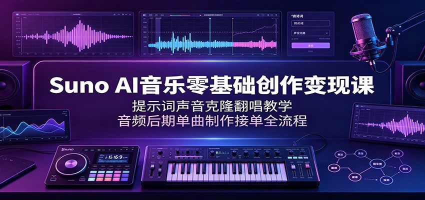Suno AI音乐零基础创作变现课：提示词声音克隆翻唱教学，音频后期单曲制作接单全流程-才疏云网创