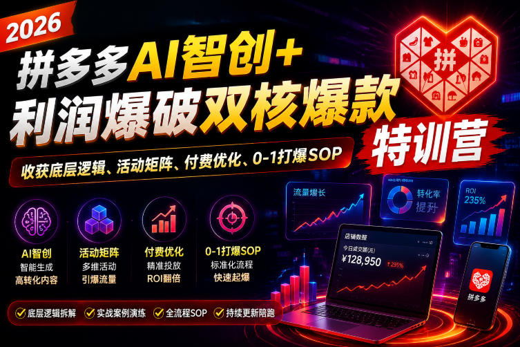 2026拼多多AI智创+利润爆破双核爆款特训营,收获底层逻辑、活动矩阵、付费优化、0-1打爆SOP-才疏云网创