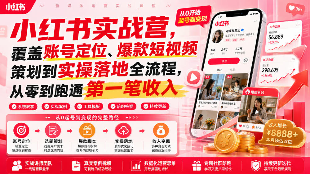 小红书实战营，覆盖账号定位、爆款短视频策划到实操落地全流程，从零到跑通第一笔收入-才疏云网创
