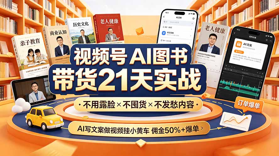 视频号AI图书带货21天实战：不用露脸×不囤货×不发愁内容，AI写文案做视频挂小黄车，佣金50%+爆单-才疏云网创