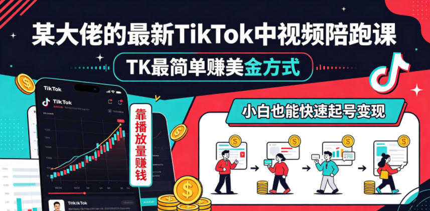 某大佬的最新TikTok中视频陪跑课,TK最简单賺美金方式,靠播放量賺钱,小白也能快速起号变现-才疏云网创
