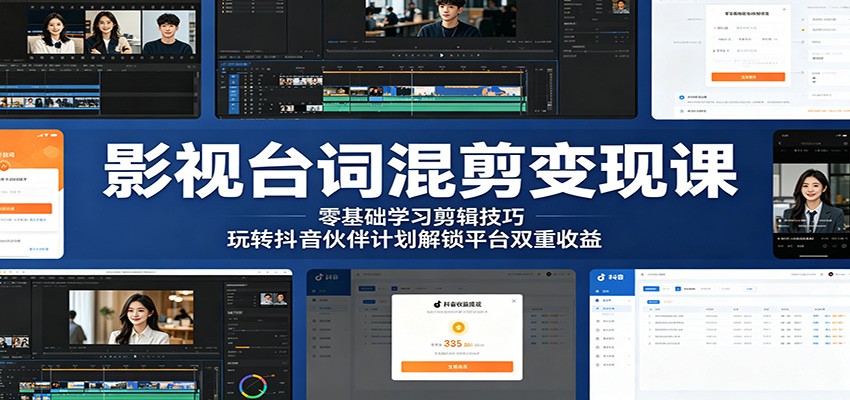 影视台词混剪变现课:零基础学习剪辑技巧,玩转抖音伙伴计划解锁平台双重收益-才疏云网创