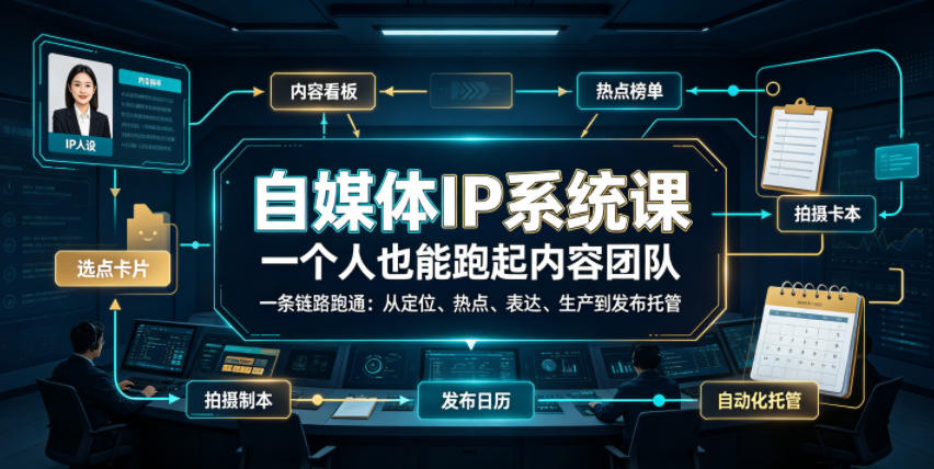 自媒体IP系统课，一个人也能跑起内容团队，一条链路跑通，从定位、热点、表达、生产到发布托管-才疏云网创