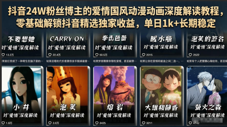 抖音24W粉丝博主的爱情国风动漫动画深度解读教程,零基础解锁抖音精选独家收益,单日1k+长期稳定-才疏云网创