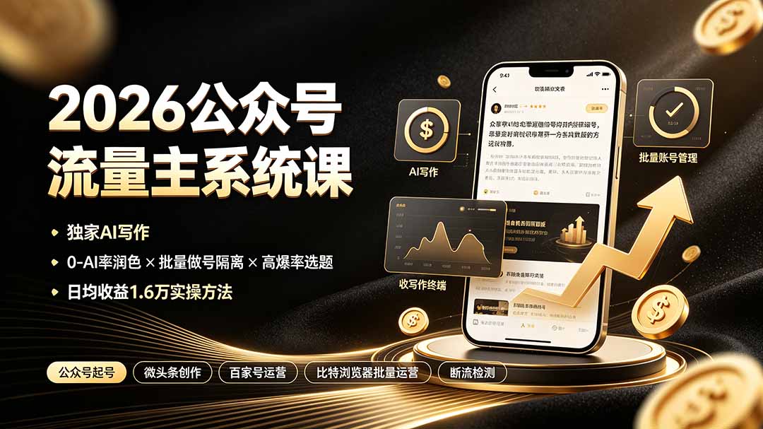 2026公众号流量主系统课:独家AI写作×0-AI率润色×批量做号隔离×高爆率选题,日均收益1.6万实操方法-才疏云网创