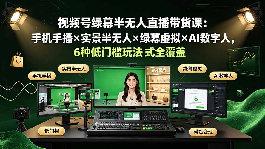 视频号绿幕半无人直播带货课：手机手播×实景半无人×绿幕虚拟×AI数字人，6种低门槛玩法全覆盖-才疏云网创