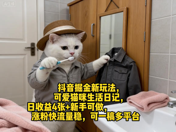 抖音掘金新玩法，可爱猫咪生活日记，日收益4张+新手可做，涨粉快流量稳，可一稿多平台-才疏云网创