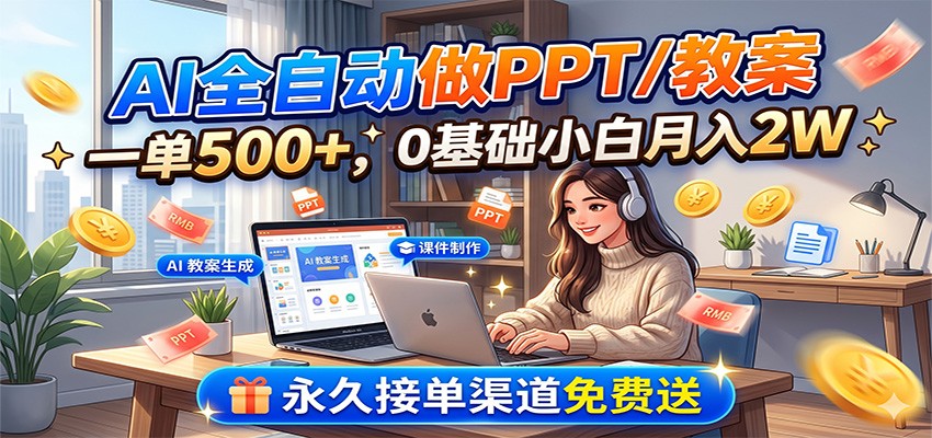 AI全自动做PPT/教案，一单500+，0基础小白月入2W，永久接单渠道免费送-才疏云网创