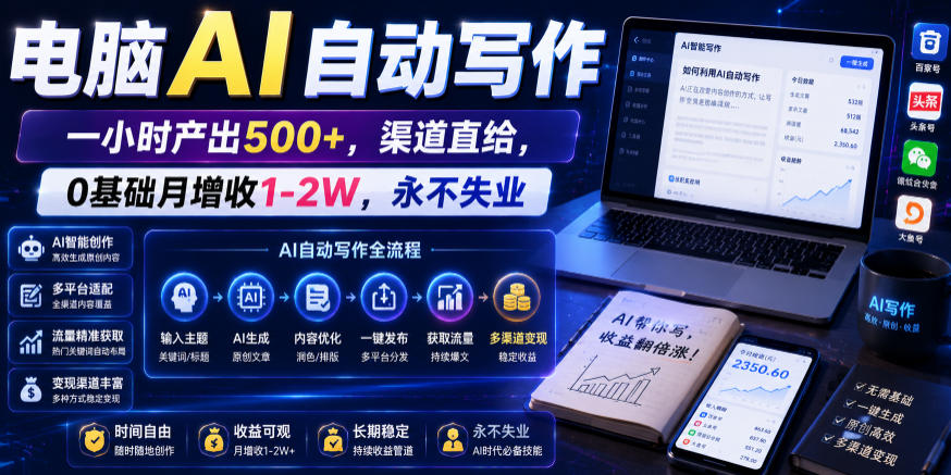 电脑AI自动写作，一小时产出500+，渠道直给，0基础月增收1-2W，永不失业【揭秘】-才疏云网创