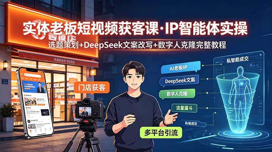 实体老板短视频获客课·IP智能体实操｜选题策划+DeepSeek文案改写+数字人克隆完整教程-才疏云网创