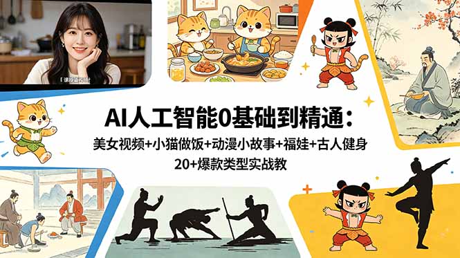 AI人工智能0基础到精通：美女视频+小猫做饭+动漫小故事+福娃+古人健身，20+爆款类型实战教学-才疏云网创