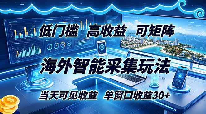 海外智能采集玩法，低门槛高单价可矩阵，当天可见收益，单窗口30+-才疏云网创