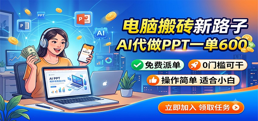 电脑搬砖新路子：AI代做PPT一单600，免费派单，0门槛可干-才疏云网创