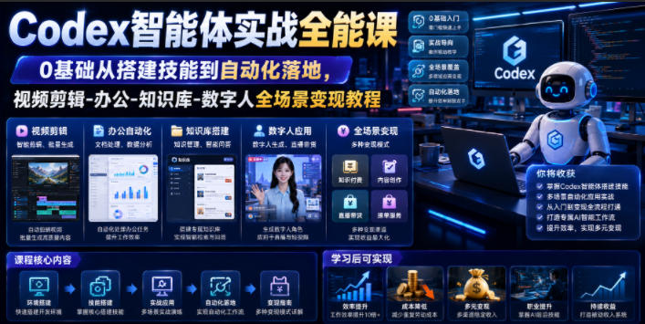 Codex智能体实战全能课｜0基础从搭建技能到自动化落地，视频剪辑-办公-知识库-数字人全场景变现教程-才疏云网创