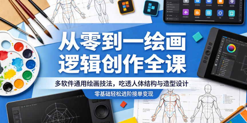 从零到一绘画逻辑创作全课，多软件通用绘画技法，吃透人体结构与造型设计，零基础轻松进阶接单变现-才疏云网创