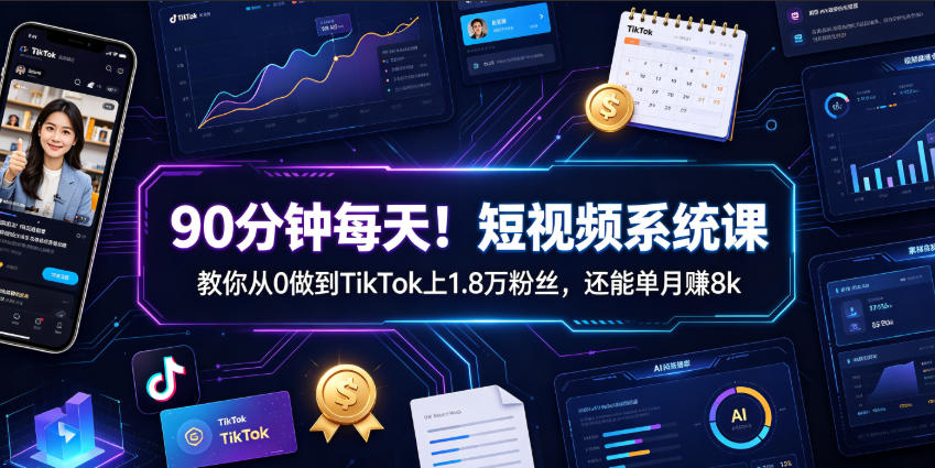 90分钟每天！短视频系统课教你从0做到TikTok上1.8万粉丝，还能单月賺8k【原创双语字幕】-才疏云网创