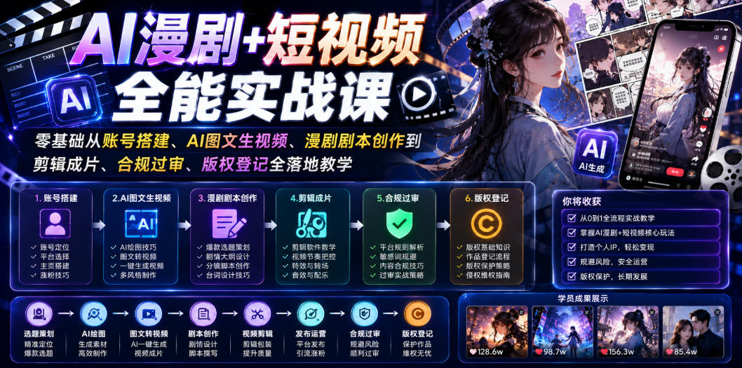 AI漫剧+短视频全能实战课|零基础从账号搭建、AI图文生视频、漫剧剧本创作到剪辑成片、合规过审、版权登记全落地教学-才疏云网创