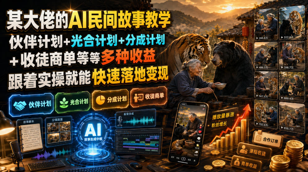 某大佬的AI民间故事教学,伙伴计划+光合计划+分成计划+收徒商单等多种收益,跟着实操就能快速落地变现-才疏云网创