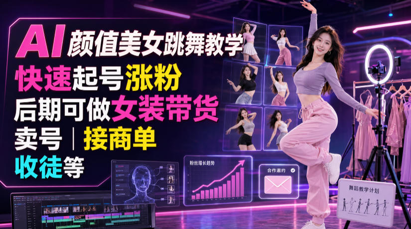 AI颜值美女跳舞教学，快速起号涨粉，后期可做女装带货，卖号，接商单，收徒等-才疏云网创