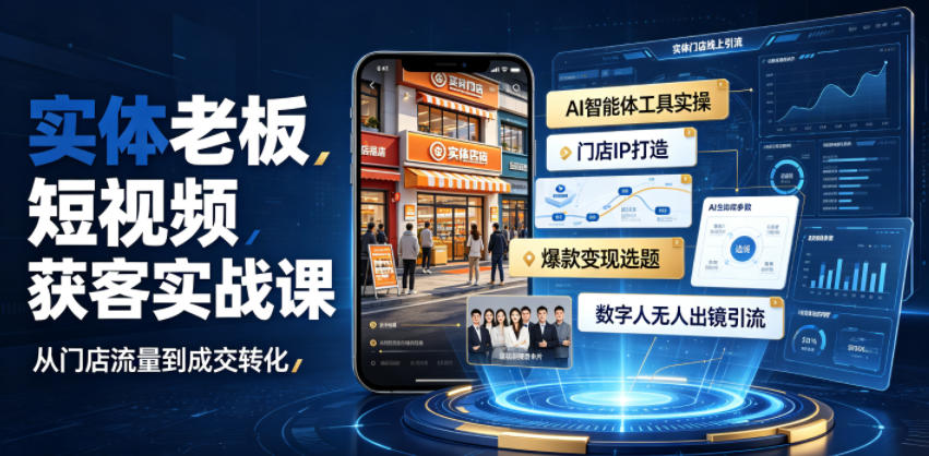 实体老板短视频获客实战课｜AI智能体工具全套实操、门店IP打造、爆款变现选题、数字人无人出镜引流完整教程-才疏云网创