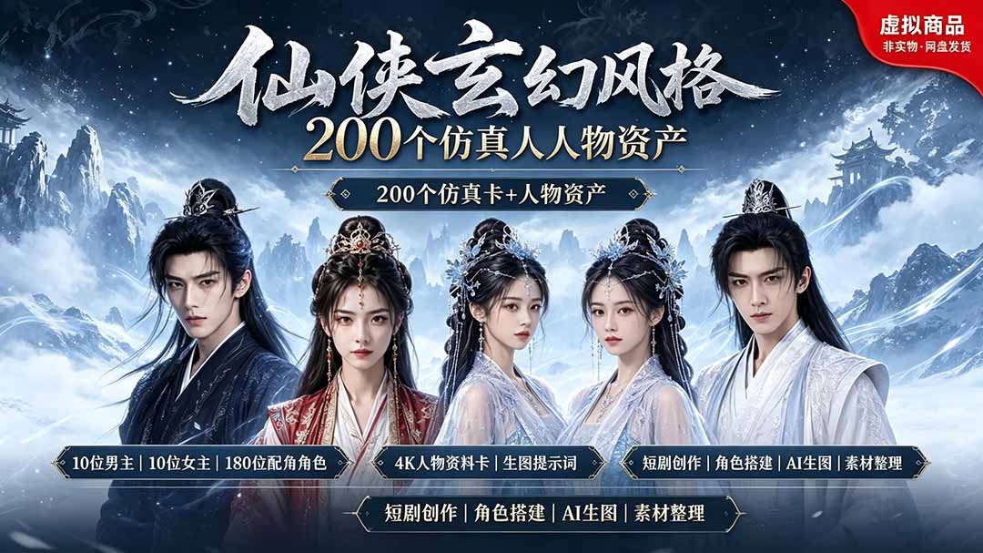 200个仙侠玄幻仿真人素材◆10男主×10女主×180配角，4K资料卡+AI生图提示词，漫剧必备-才疏云网创