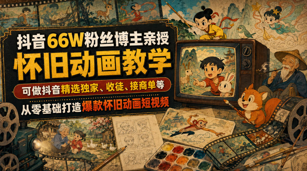 抖音66W粉丝博主亲授怀旧动画教学，可做抖音精选独家、收徒、接商单等，从零基础打造爆款怀旧动画短视频-才疏云网创