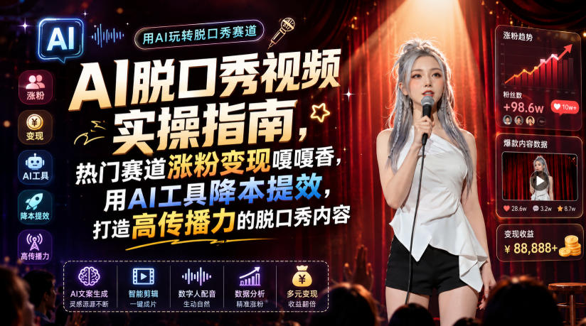 AI脱口秀视频实操指南，热门赛道涨粉变现嘎嘎香，用AI工具降本提效，打造高传播力的脱口秀内容-才疏云网创
