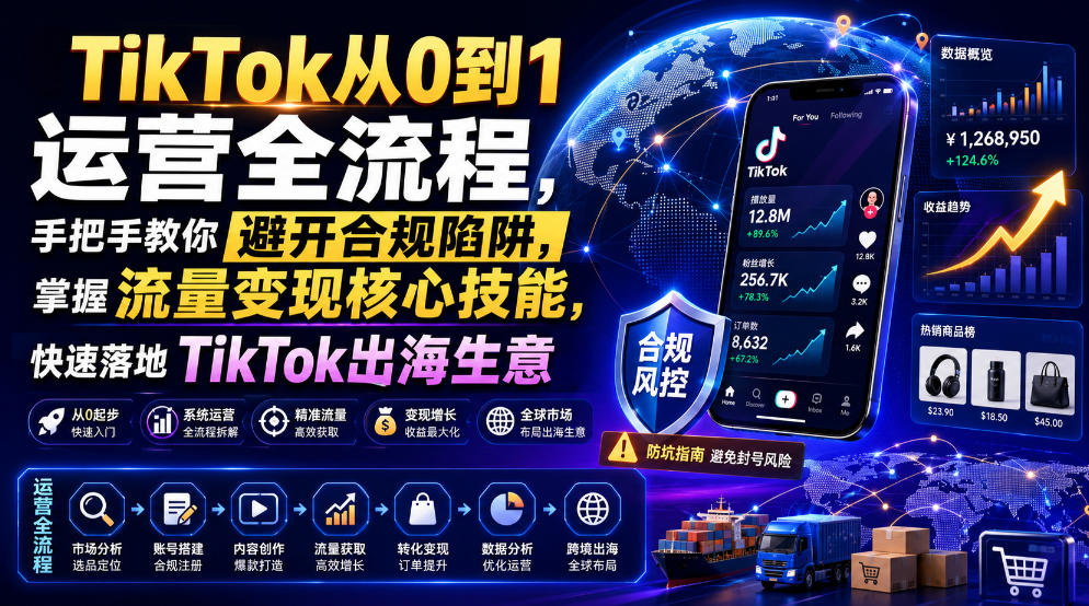 TikTok从0到1运营全流程,手把手教你避开合规陷阱,掌握流量变现核心技能,快速落地TikTok出海生意(更新7月)-才疏云网创
