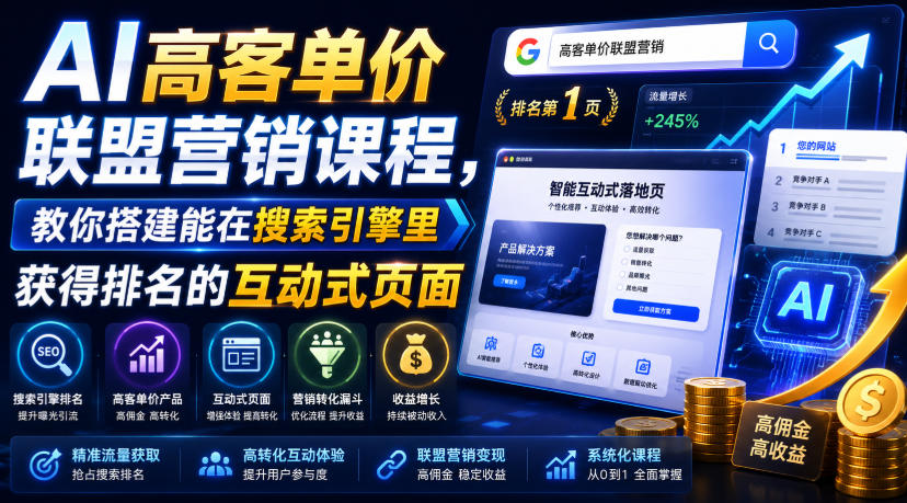 AI高客单价联盟营销课程,教你搭建能在搜索引擎里获得排名的互动式页面,引来流量,把访客转化为高佣金的成交【原创双语字幕】-才疏云网创