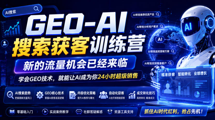 GEO-AI搜索获客训练营，新的流量机会已经来临，学会GEO技术，就能让AI成为你24小时超级销售-才疏云网创
