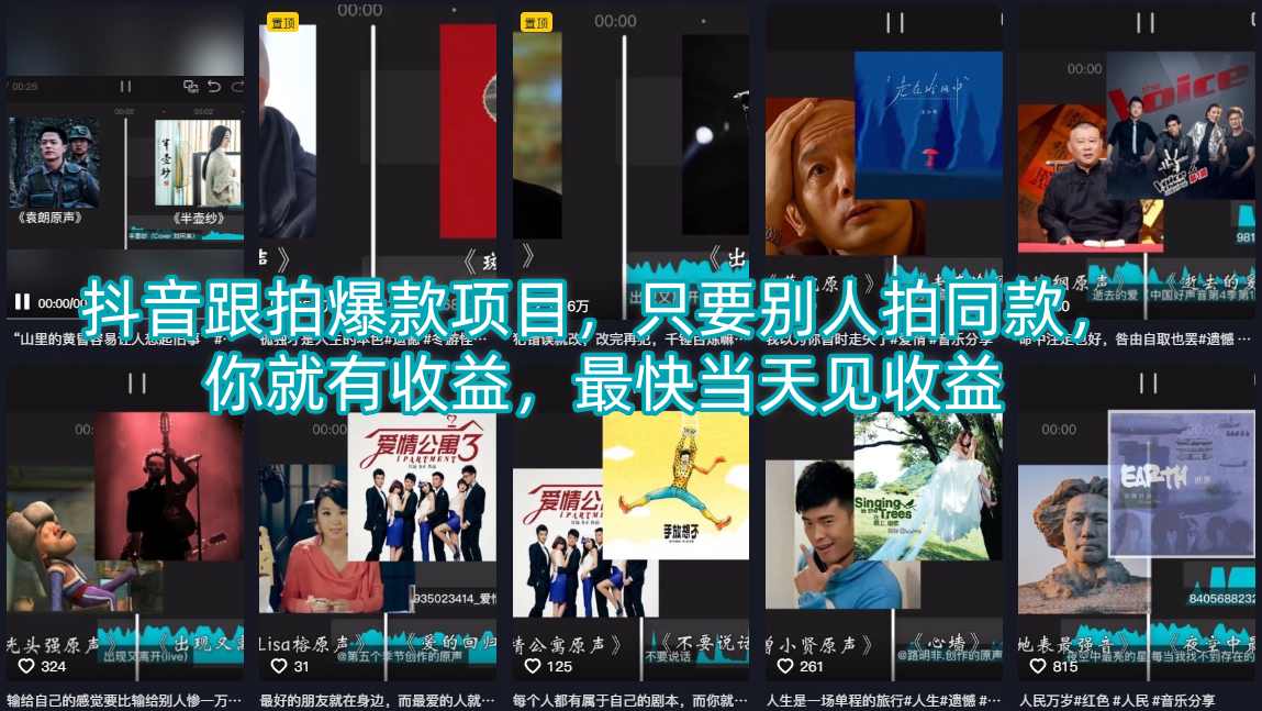 抖音跟拍爆款项目，只要别人拍同款，你就有收益，最快当天见收益-才疏云网创