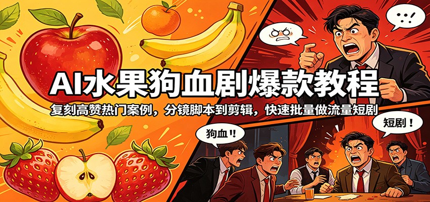 AI水果狗血剧爆款教程:复刻高赞热门案例,分镜脚本到剪辑,快速批量做流量短剧-才疏云网创
