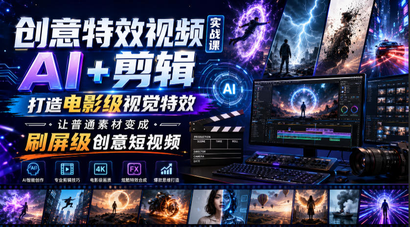 创意特效视频实战课,AI+剪辑打造电影级视觉特效,让普通素材变成刷屏级创意短视频-才疏云网创