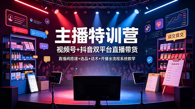 主播特训营：视频号+抖音双平台直播带货，直播间搭建+选品+话术+开播全流程系统教学-才疏云网创