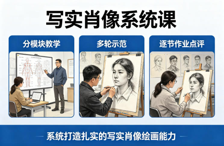 写实肖像系统课，全程分模块教学+多轮示范+逐节作业点评，系统打造扎实的写实肖像绘画能力-才疏云网创
