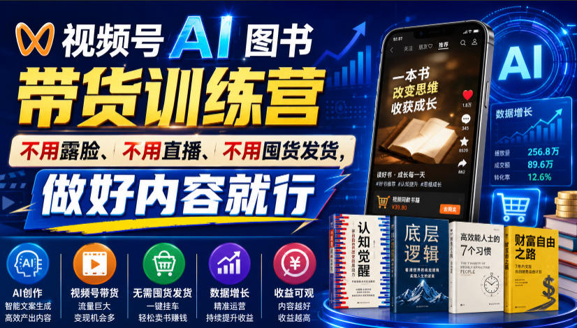 视频号AI图书带货训练营,不用露脸、不用直播、不用囤货发货,做好内容就行,一条爆款视频佣金8942-才疏云网创