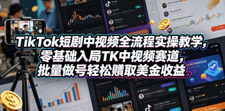 TikTok短剧中视频全流程实操教学,零基础入局TK中视频赛道,批量做号轻松賺取美金收益-才疏云网创